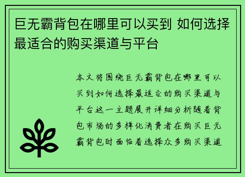 巨无霸背包在哪里可以买到 如何选择最适合的购买渠道与平台
